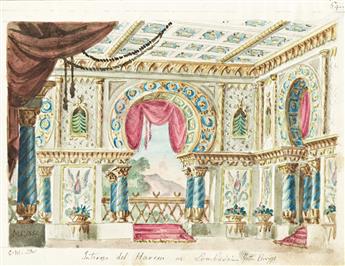 METRODORO CONTI (1810-1887) Group of 6 scenic designs for Verdis I Lombardi and 3 designs Donizettis Marino Faliero.